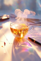 Steaming cup of tea on a softly lit table with glowing reflections and golden warmth.
