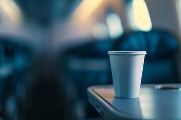Empty disposable coffee cup on airplane tray table (4)