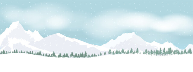 Winter season with pine forest, mountain range and cloud background. Nature Landscape illustration