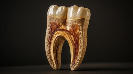 Detailed 3D rendering of a human molar tooth cross-section on black background.