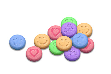 MDMA or Ecstasy pills on white background