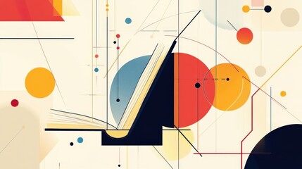 Abstract graphic with geometric shapes and open book on a minimal beige background.