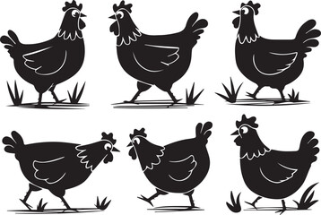 Silhouette Chicken Illustrations Six Unique Poses for Design Projects