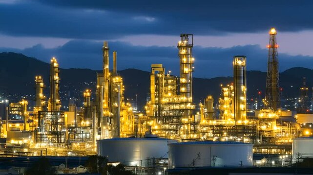 Vast industrial refinery with miles of interconnected pipes, towering structures and massive storage tanks all working in sync under a cloudy sky