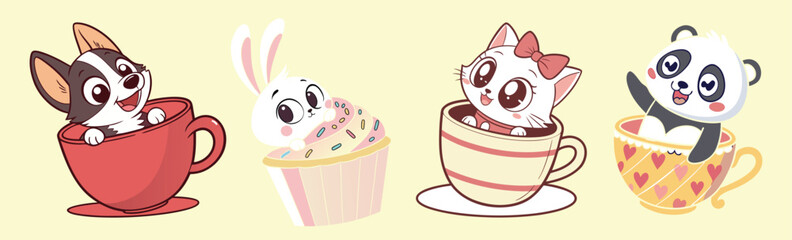 Adorable cartoon animals in cups and cupcakes – perfect for children's designs, nursery prints, stickers, and kawaii-themed creative design for t-shirt.