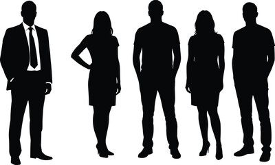 Silhouettes of business and casual people standing, male and female figures, team concept, corporate style, black vector outline for presentation, company, office, career, success