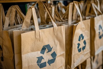 Recycling initiative sustainable brown paper bags at a local store environmental awareness urban setting close-up view eco-friendly concept