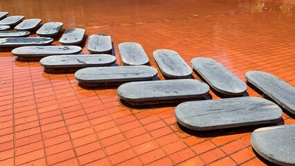 Zigzagging stone path on terracotta tiles, evoking labyrinthine journeys or Zen meditation, perfect...
