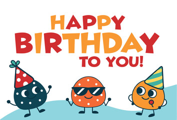 Vibrant Cartoon Birthday Greeting with Cheerful Characters and Festive Party Hats