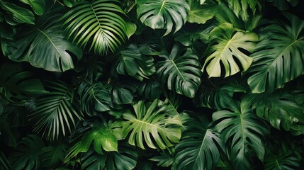 Lush Green Tropical Leaves Background Featuring Various Patterns and Textures for Nature, Botany, and Interior Design Concepts