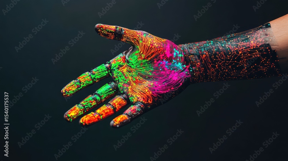 Poster vibrant neon hand design with circuit patterns illustrating the intersection of technology and art i