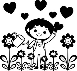
Cartoon little girl watering flowers in a garden, SVG with clean lines.Cute Child Gardening with Hearts and Flowers Illustration