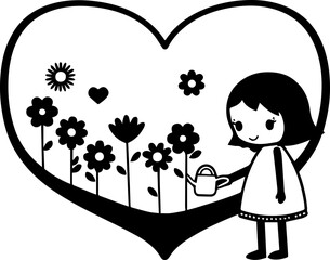 
Cartoon little girl watering flowers in a garden, SVG with clean lines.Cute Girl Watering Flowers in Heart-Shaped Garden Scene