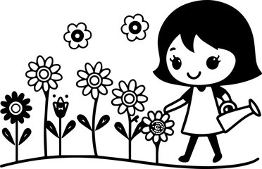 
Cartoon little girl watering flowers in a garden, SVG with clean lines.Cute Girl Watering Flowers in a Simple Black and White Design
