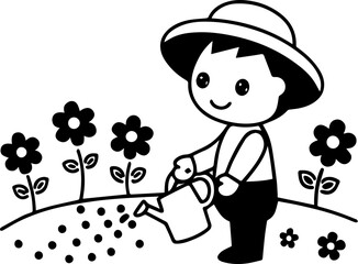 
Cartoon little girl watering flowers in a garden, SVG with clean lines.Happy Child Watering Plants in a Cartoon Garden Scene