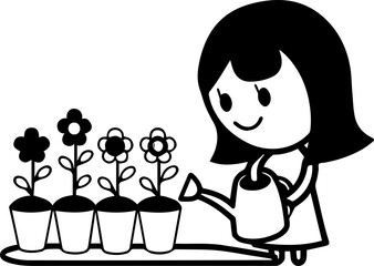 
Cartoon little girl watering flowers in a garden, SVG with clean lines.Girl Watering Potted Plants with Smiling Expression