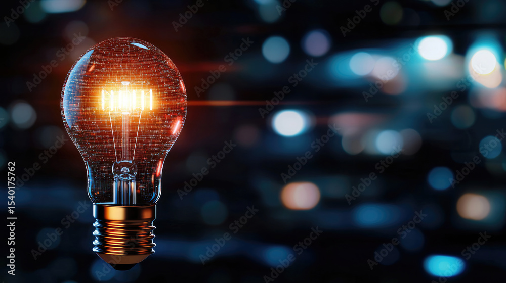 Poster light bulb glowing with abstract data stream inside, futuristic technology, innovation, creativity, 