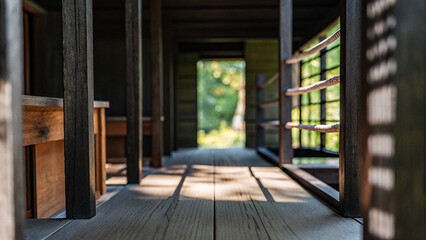 Fototapeta premium Serene Wooden Corridor A Pathway to Tranquil Nature