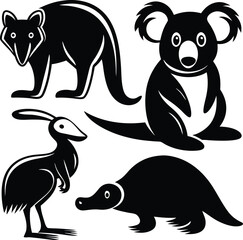 Collection of silhouettes of animals hyenas, bea,r lion rabbi,t giraffe, he,n duck, goat
