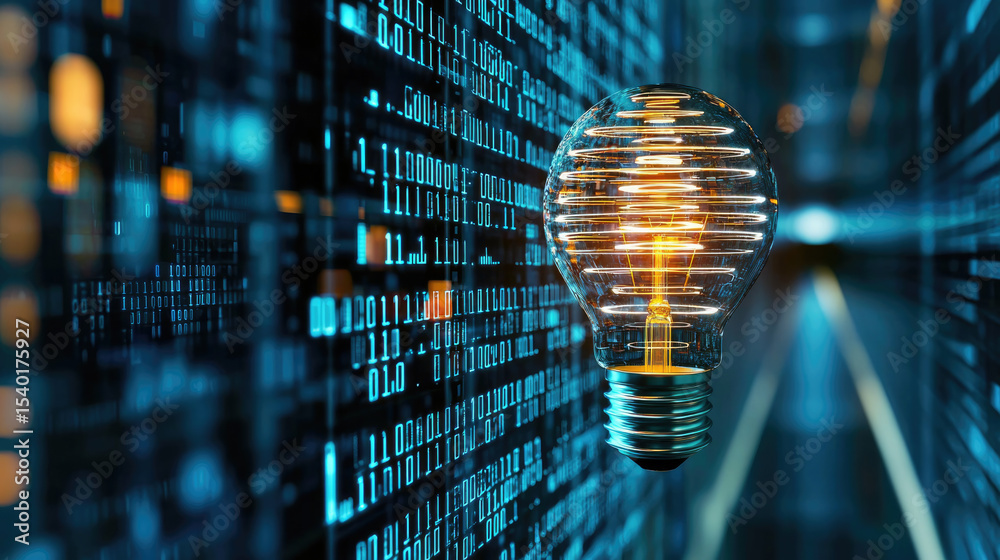 Poster Light bulb glowing with abstract data stream, digital binary code, innovation, technology, futuristic concept