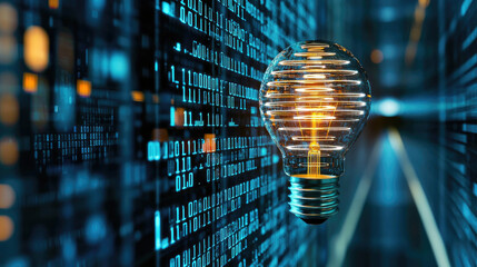 Light bulb glowing with abstract data stream, digital binary code, innovation, technology, futuristic concept