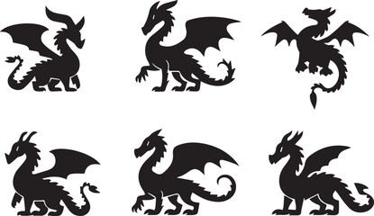 Collection of Six Elegant Black Dragon Silhouettes Perfect for Design Projects