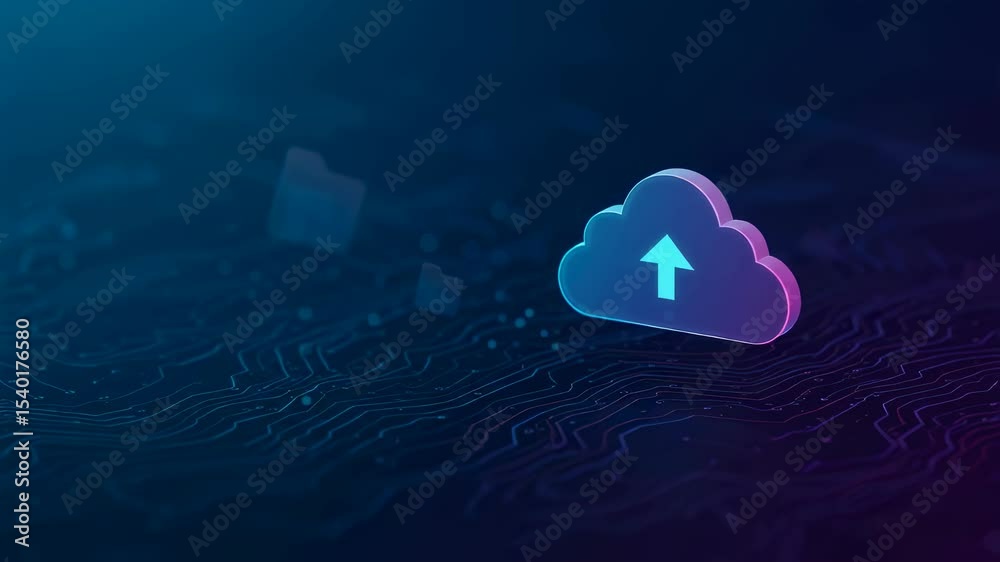 Poster cloud icon with upload arrow and digital folders on a futuristic background. data storage, computing