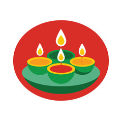 Festive diwali illustration featuring lit oil lamps in vibrant colors on a red background