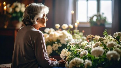 Elderly woman mourns at a funeral, surrounded by flowers and bathed in soft light.