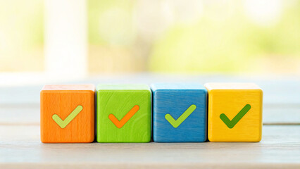 Colorful Wooden Blocks with Check Marks Symbol of Completion, Achievement, and Success