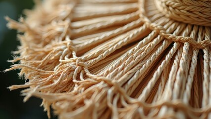 Close-up detail of a straw hat with twisted fibers and fringed edges