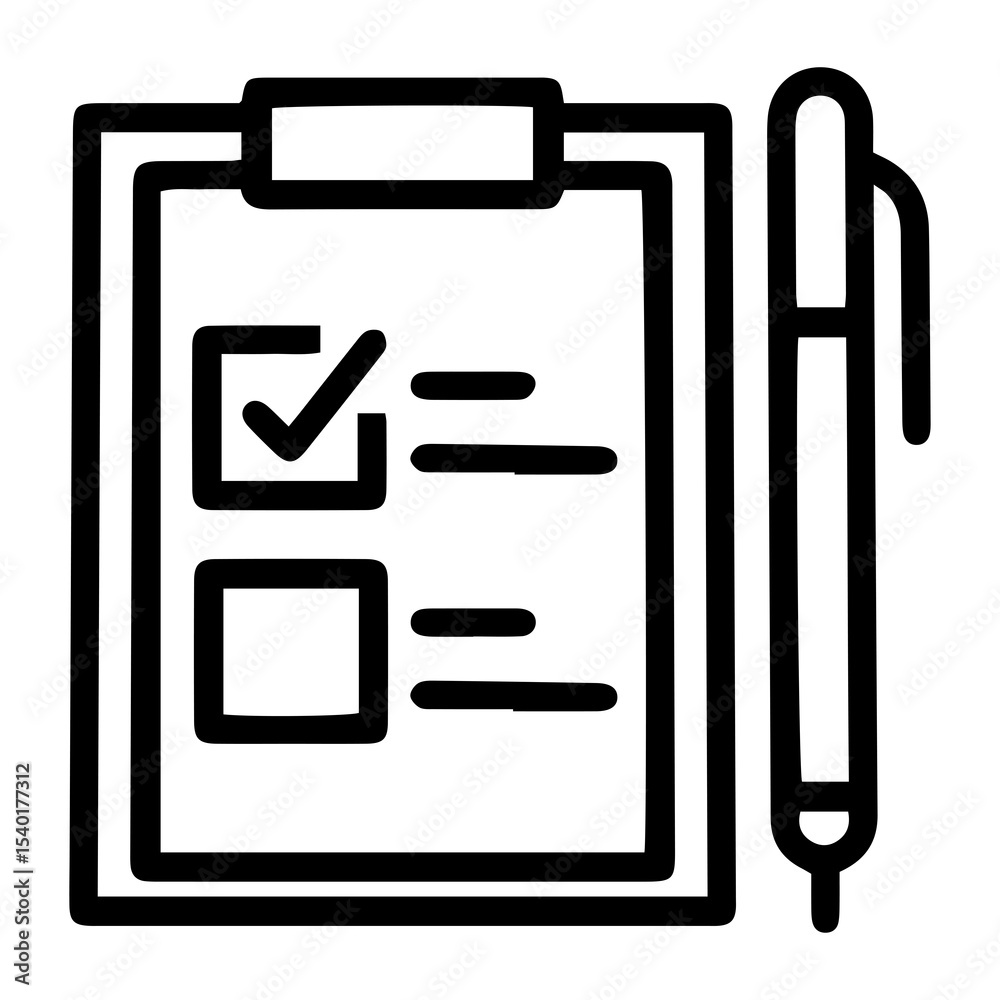 Aufkleber outline style image depicts a clipboard with a paper showing a checklist where one item is checked a