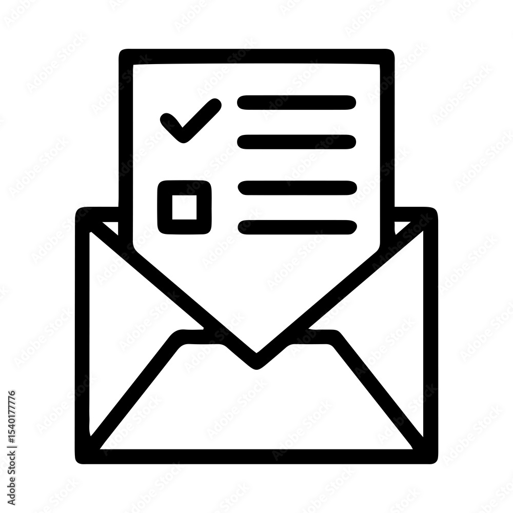 Aufkleber outline style image depicts an envelope with a document partially emerging from it, showing a checkl