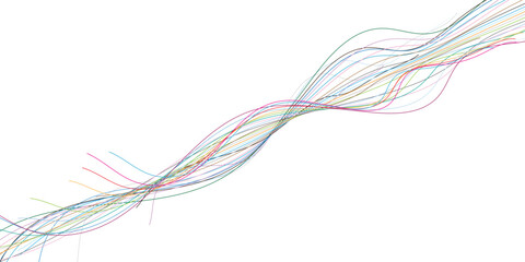 Abstract graphic design composed of a network of wavy colorful lines on a white background illustrating data flow and connectivity.