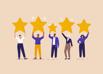 Diverse Group Holding Gold Stars for Customer Satisfaction Feedback Review and Rating in a Flat Vector Style Illustration