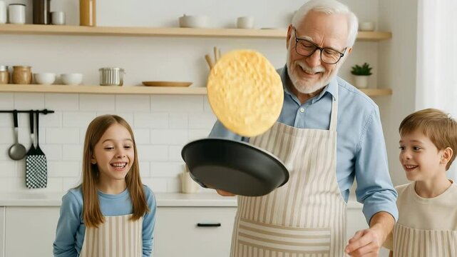 Happy grandfather cooking with grandchildren in a bright kitchen, flipping an omelet in the pan while kids watch with excitement &mdash; AI-generated