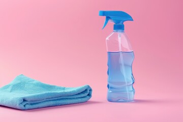 Clear Pixel Picture of Blue Napkin Detergent and Spray Bottle on Pink Background