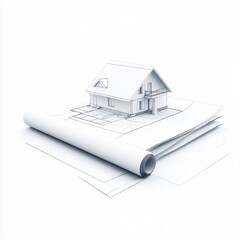 White 3D House Model on Rolled Blueprints