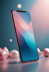Modern smartphone displaying an abstract gradient screen, set on a reflective surface with geometric shapes. Digital technology concept for marketing and future innovation.