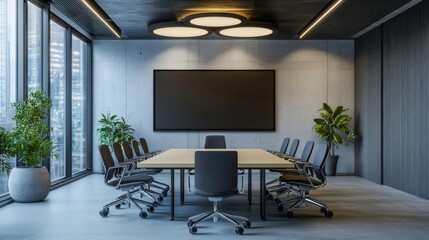 Modern corporate conference room with large presentation screen, sleek white chairs, and contemporary meeting table in bright professional office interior




