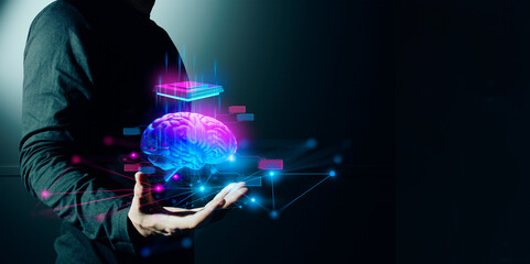 hand of businessman interactive touching a holographic of transaction financial network data...
