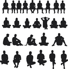 Silhouettes of people sitting on bench and floor, relaxed and casual poses, group meditation, mindfulness, yoga practice, black vector design for health and wellness