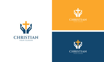 Obraz premium Christian Prayer Logo – Cross and Hands Faith Symbol Vector for Church or Ministry