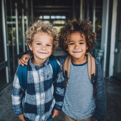 Cute two children together wearing backpack ready to go to school.