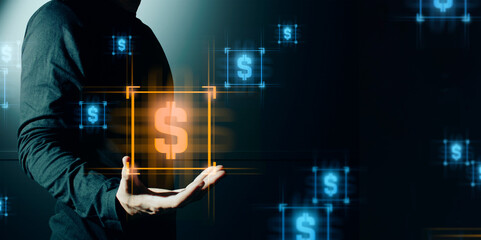 hand of businessman interactive touching a holographic of transaction financial network data...