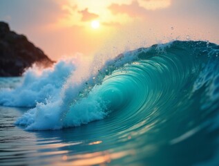 Close-up of a vibrant turquoise ocean wave crashing against a rocky shore at sunrise, with sparkling water droplets in soft morning light