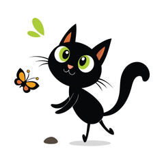 Cute Black Cat Playing with Butterfly: Adorable Feline Illustration for Kids

