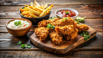 Crispy Fried Chicken Wings with French Fries and Dipping Sauces