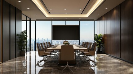 Fototapeta premium Modern corporate conference room with large presentation screen, sleek white chairs, and contemporary meeting table in bright professional office interior