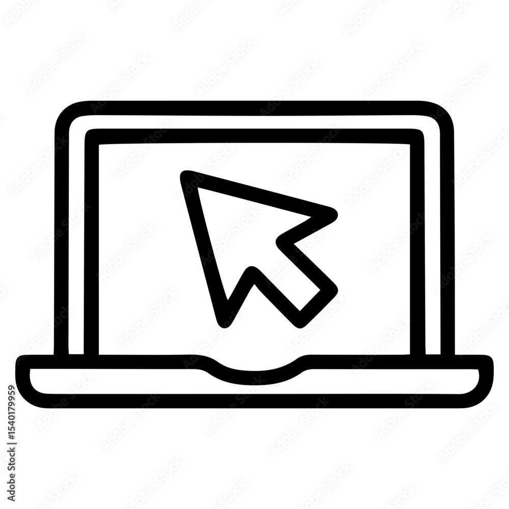 Aufkleber outline style image depicts an open laptop with a large arrow-shaped cursor prominently displayed on